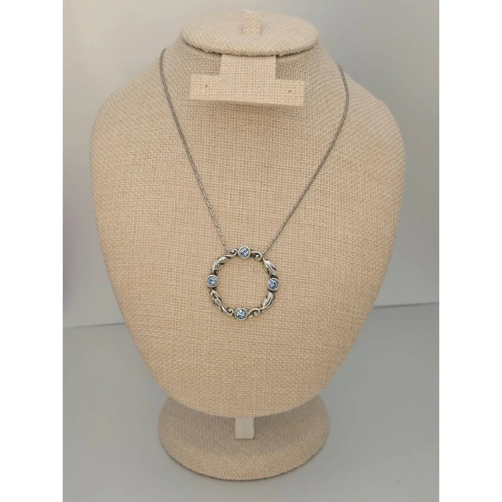 Vtg BRIGHTON Signed Gateway Necklace SWAROVSKI Blue Crystals Silver Plate Leaves - Picture 7 of 8